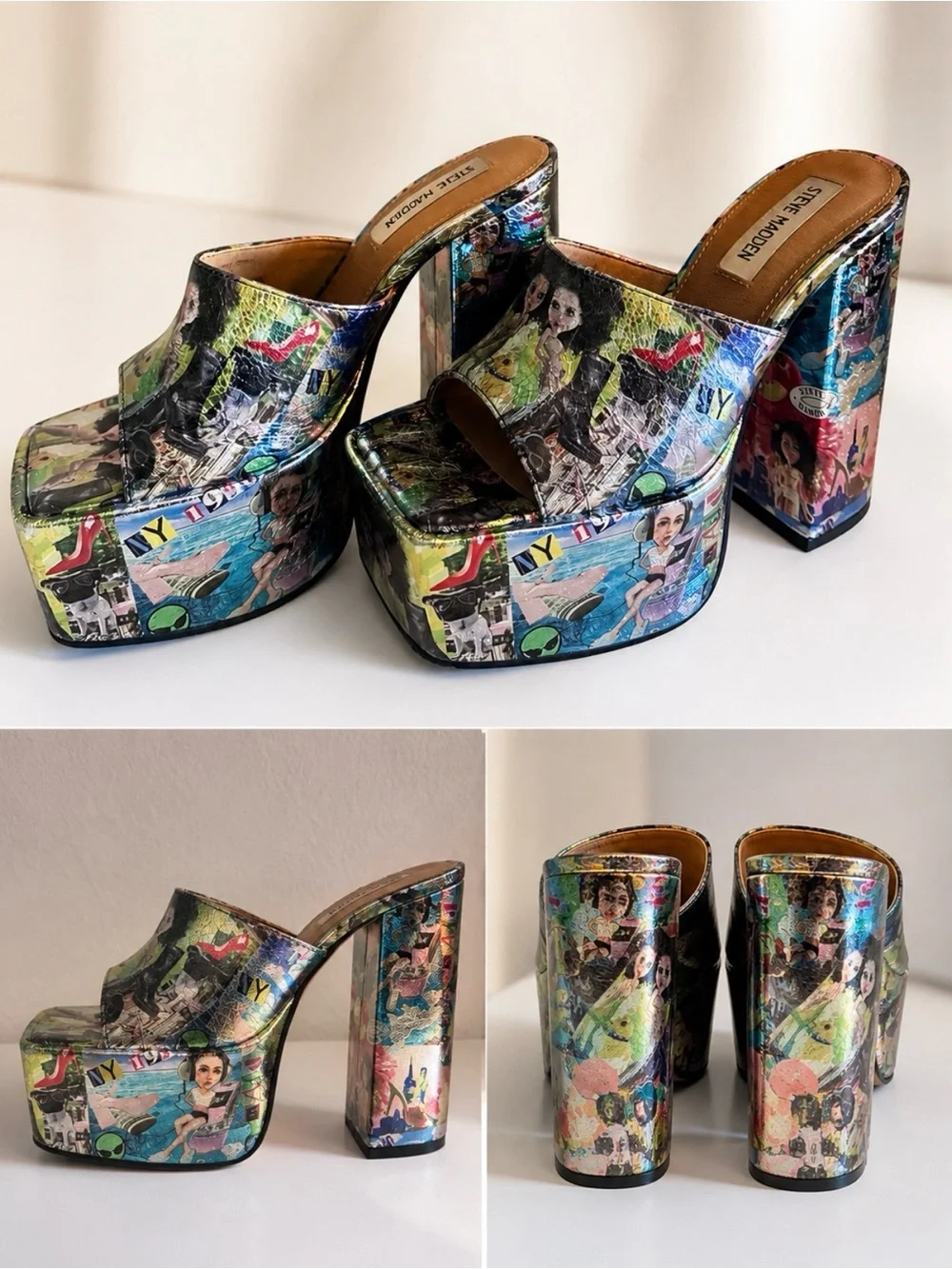 Steve Madden Multicolor Collage Platform Mule Heels